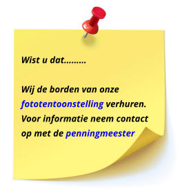 Wist u dat………  Wij de borden van onze fototentoonstelling verhuren. Voor informatie neem contact op met de penningmeester
